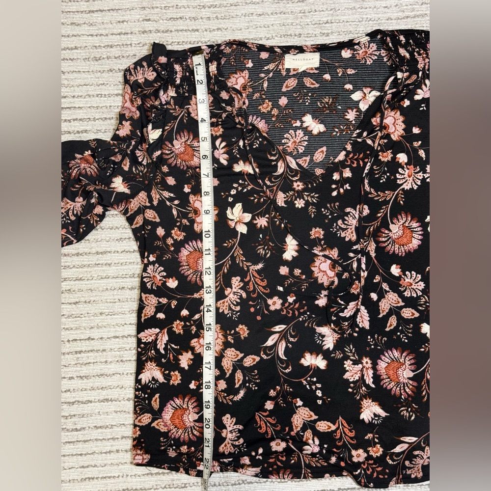 Melloday Black Floral Ruffle Blouse Long Sleeve Size Large Boho - Picture 5 of 6